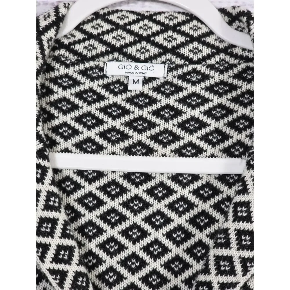 Gio & Gio Made in Italy Women's knit Cardigan Sweater Blk White Diamond Size M